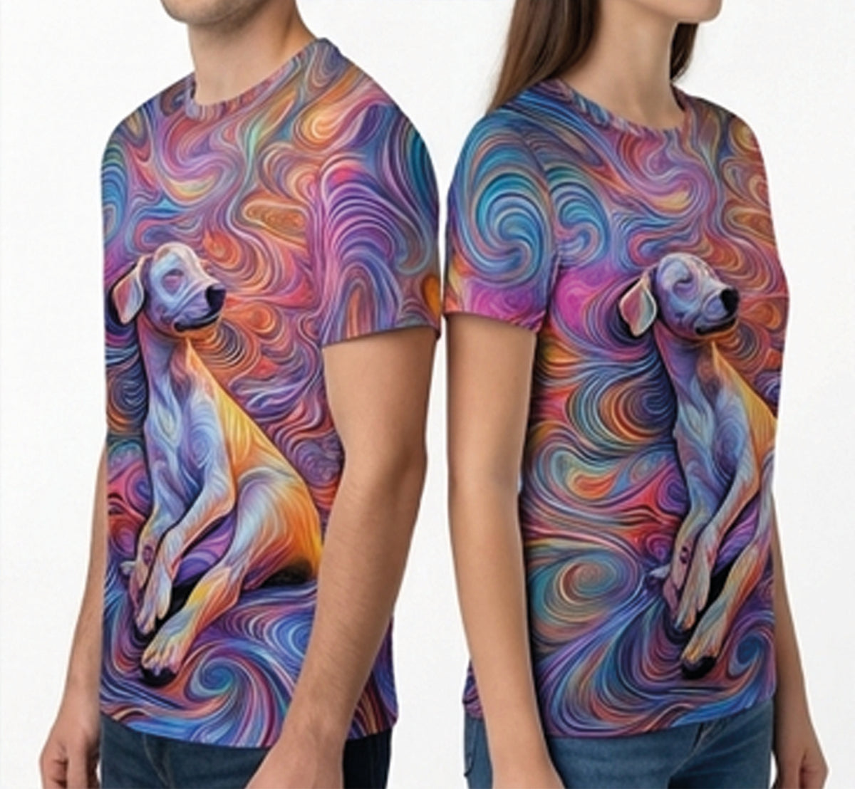 Two models wearing matching short-sleeve crewneck t-shirts featuring a colorful psychedelic swirl pattern with a stylized dog illustration on the front.
