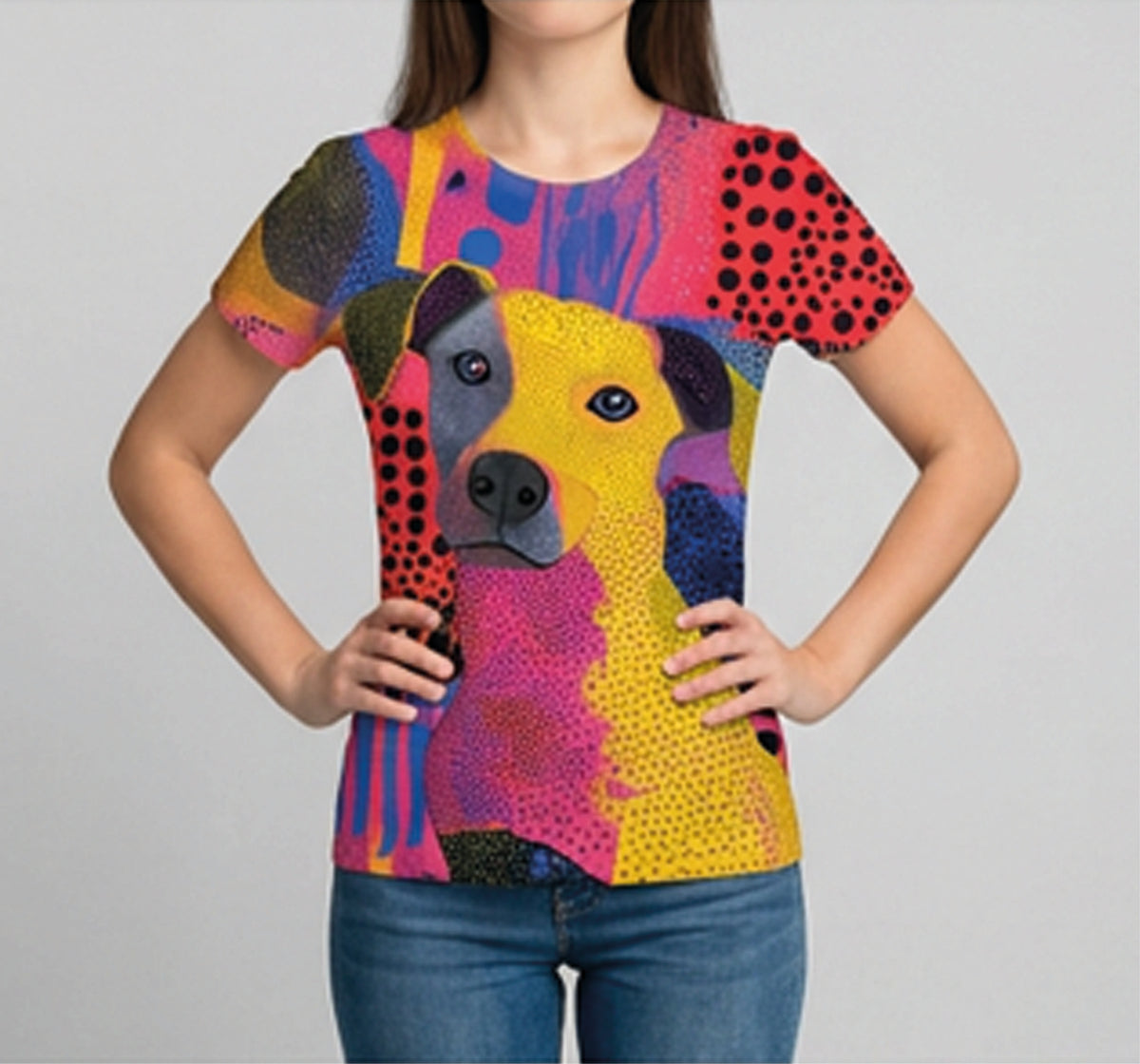 A woman wearing a short-sleeve crewneck t-shirt with a vibrant, colorful abstract dog graphic print, paired with blue jeans, against a plain light gray background.