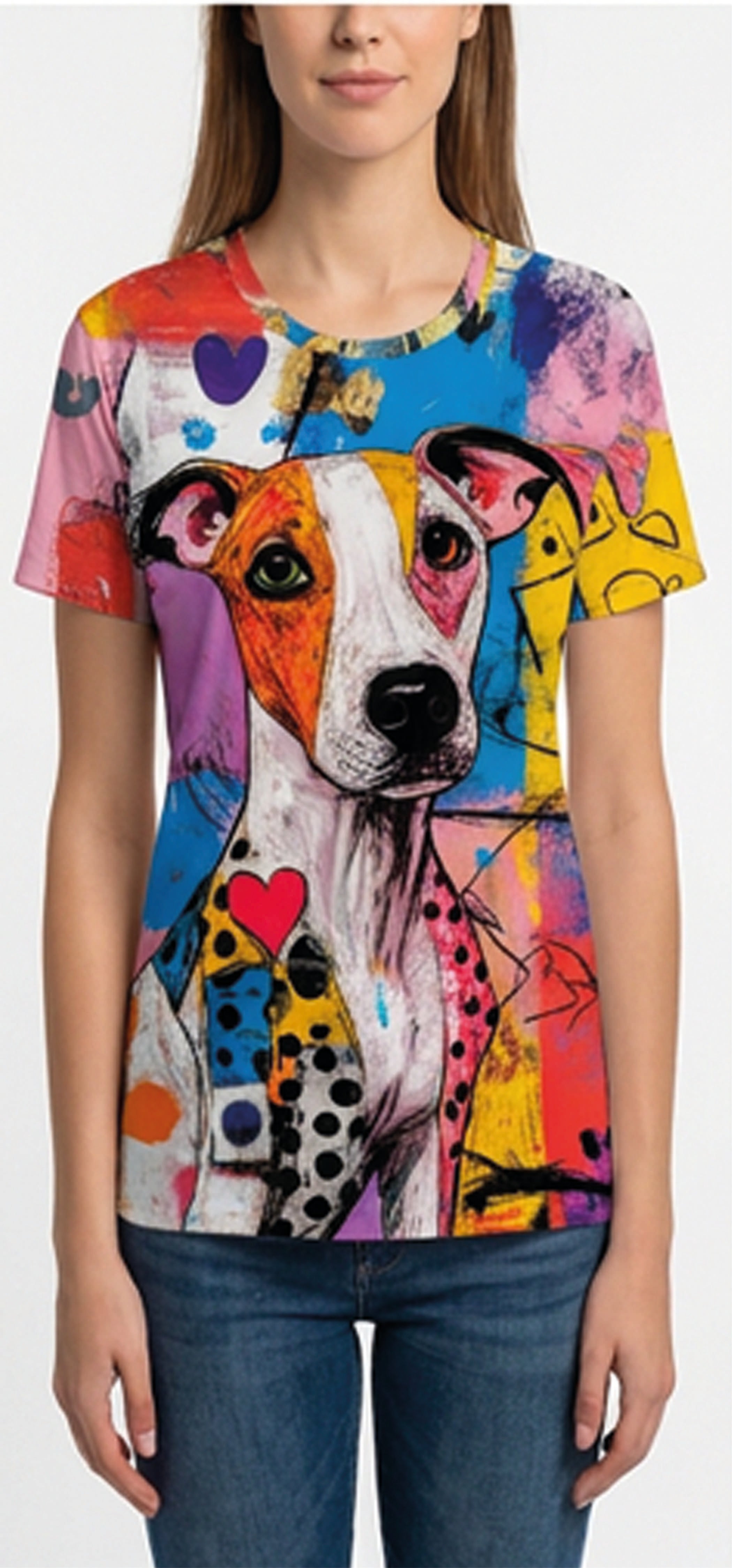 A woman wearing a vibrant, multicolored graphic t-shirt featuring a stylized dog portrait in an abstract, colorful pop-art style, paired with blue jeans.