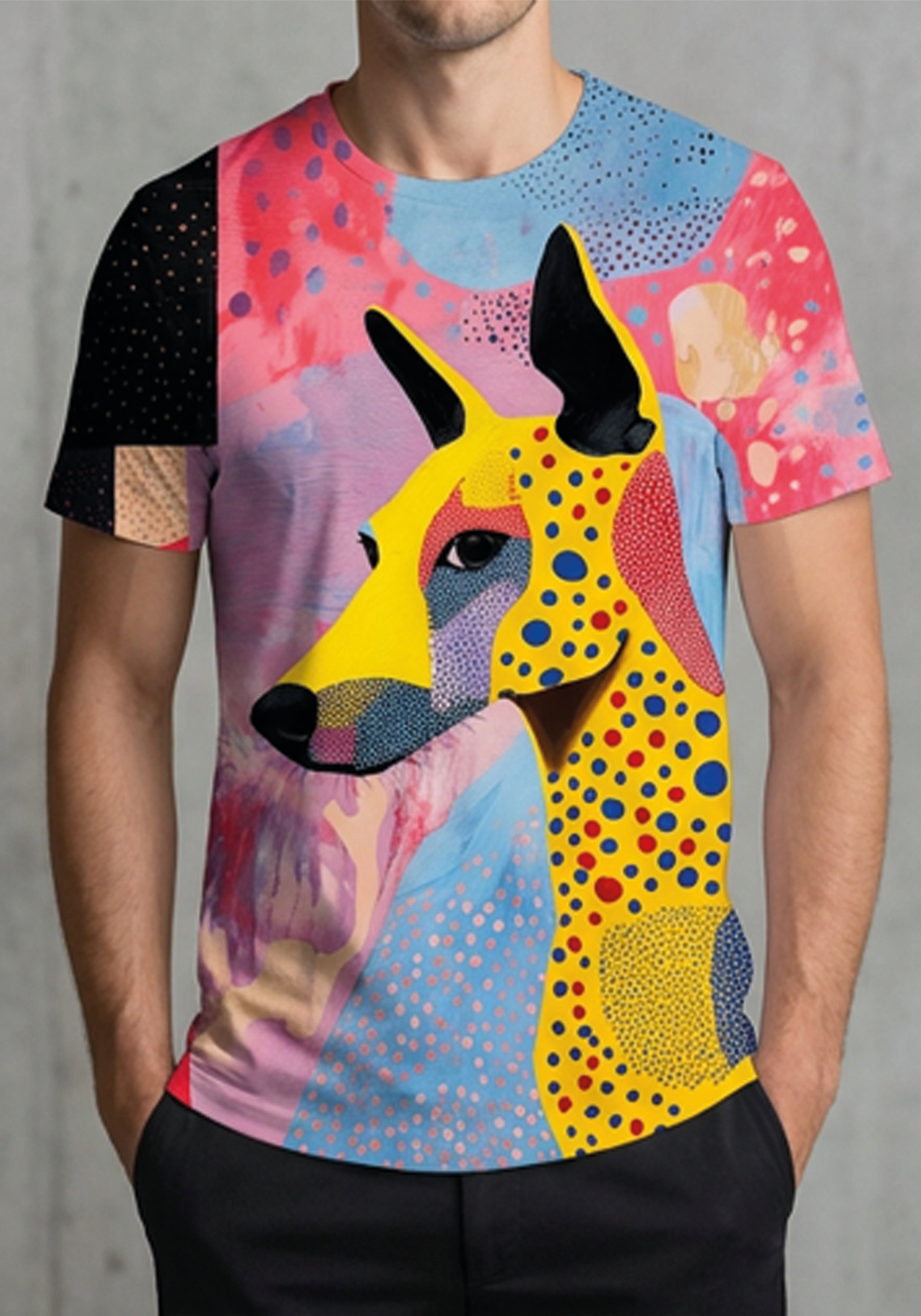 A man wearing a short-sleeve crewneck t-shirt featuring a vibrant, multicolored abstract dog graphic print in yellow, pink, blue, and black, paired with black pants against a gray concrete wall.