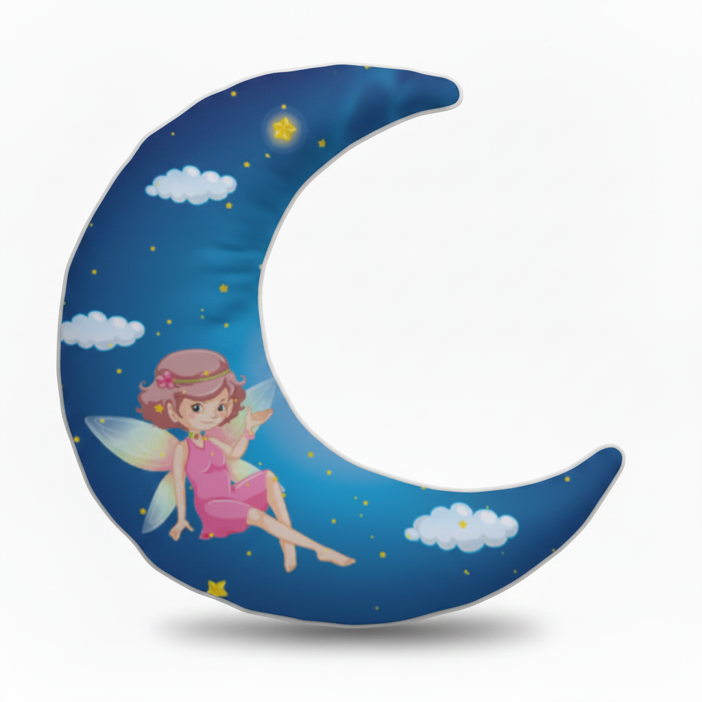 Moon Shaped Cushion - Fairy Sitting Blue Night Sky Stars Clouds Custom Printed Satin With Filler - front view