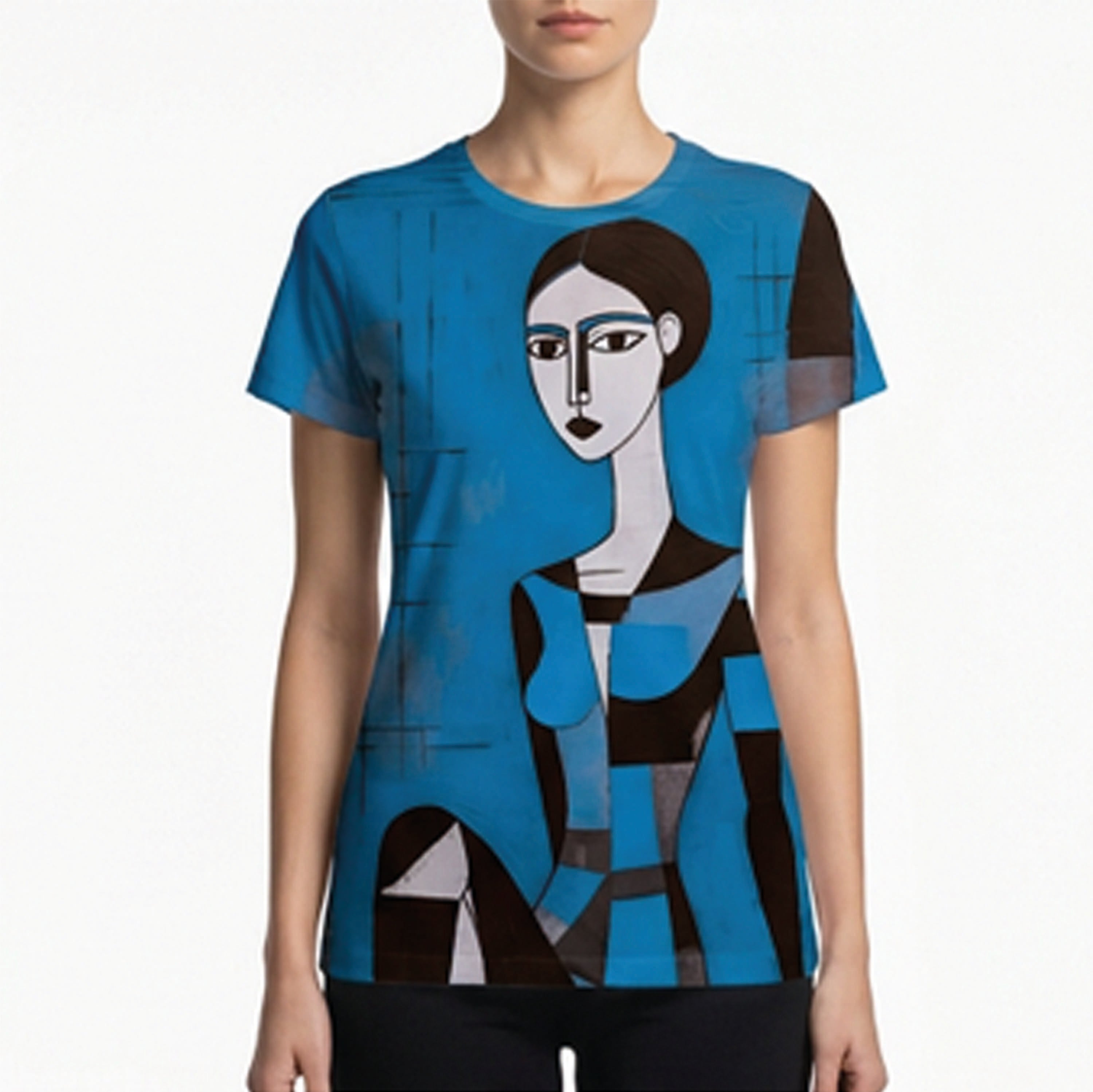 A model wearing a blue short-sleeve t-shirt with a stylized cubist portrait of a woman printed on the front, set against a plain white background.
