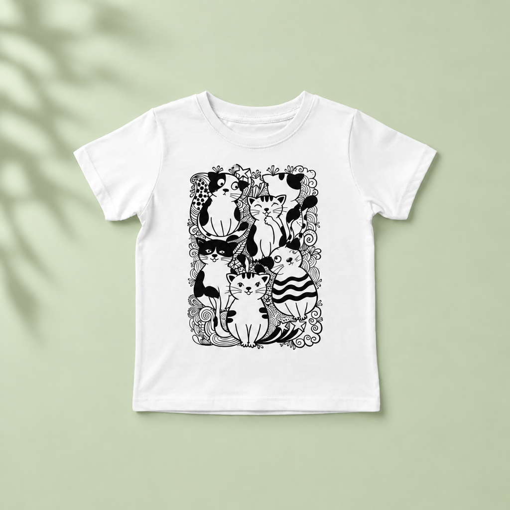 Girls’ cat-print T-shirt with pale green leafy-shadow background