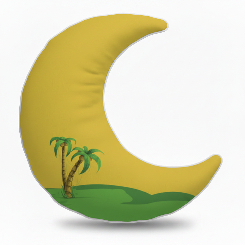 Moon Shaped Cushion - Golden Crescent Tropical Palm Trees Green Island Custom Printed Satin With Filler - front view