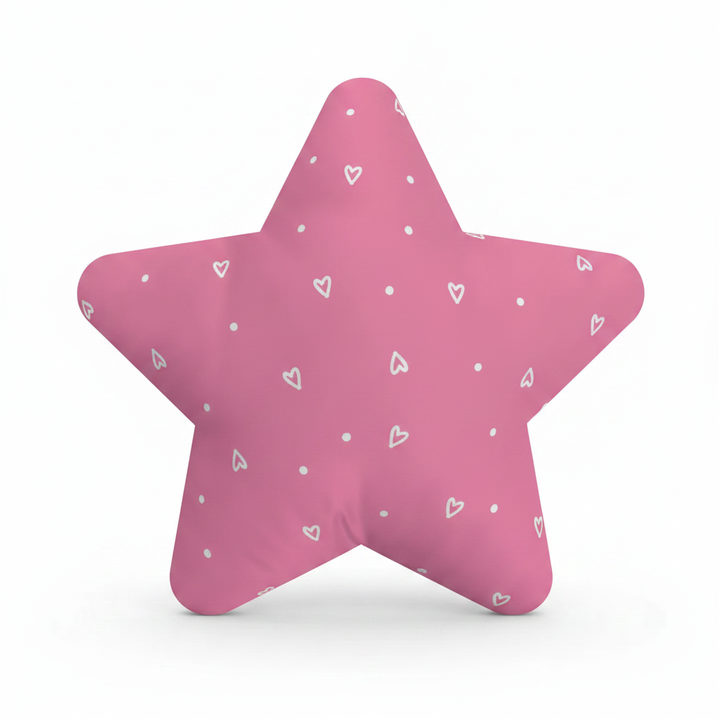 Personalised Star Shaped Cushion - Hot Pink White Mini Hearts Dots Custom Printed Satin With Filler - front view