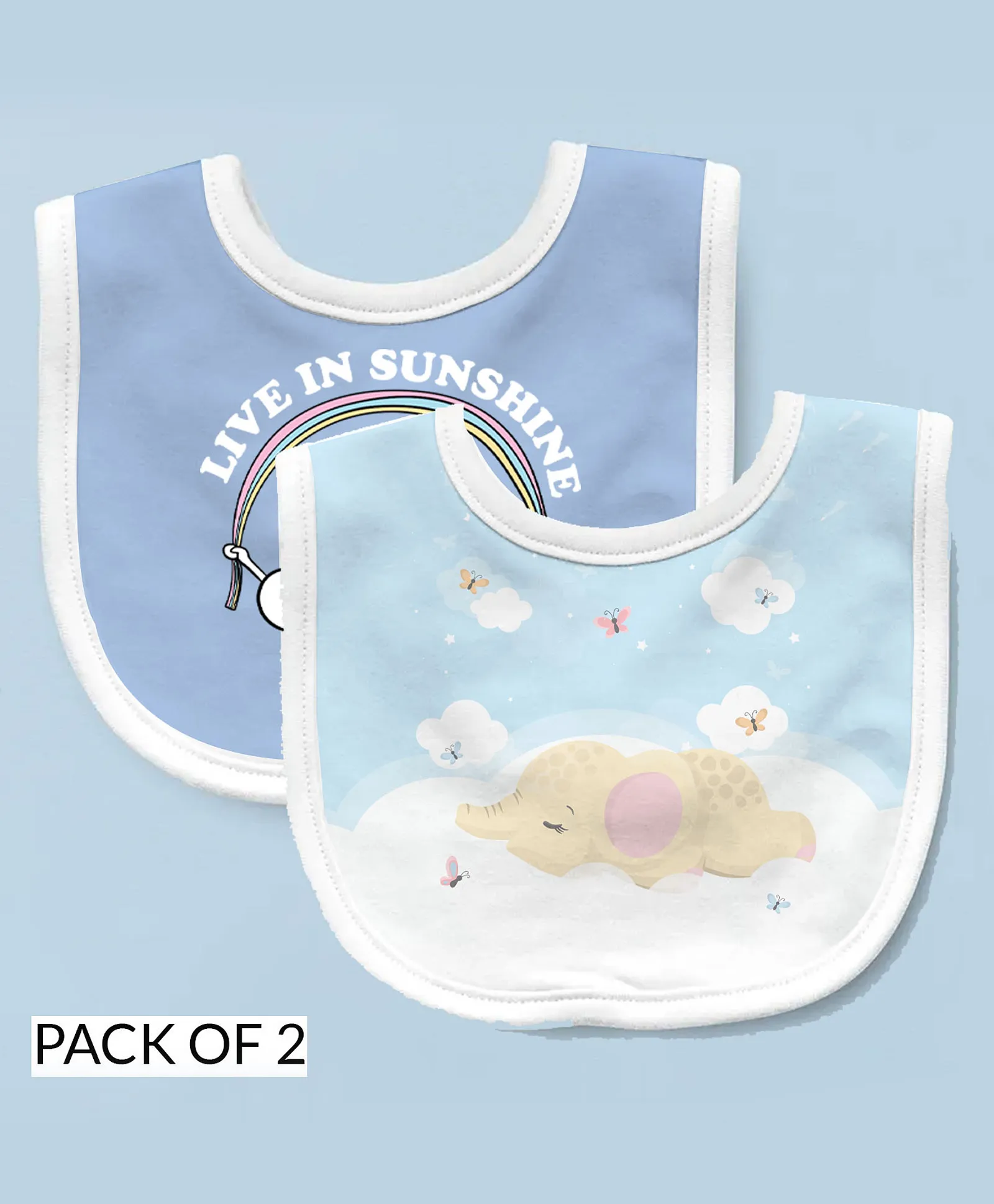 Live in Sunshine & Dreamy Elephant | Personalised Baby Bib – Pack of 2
