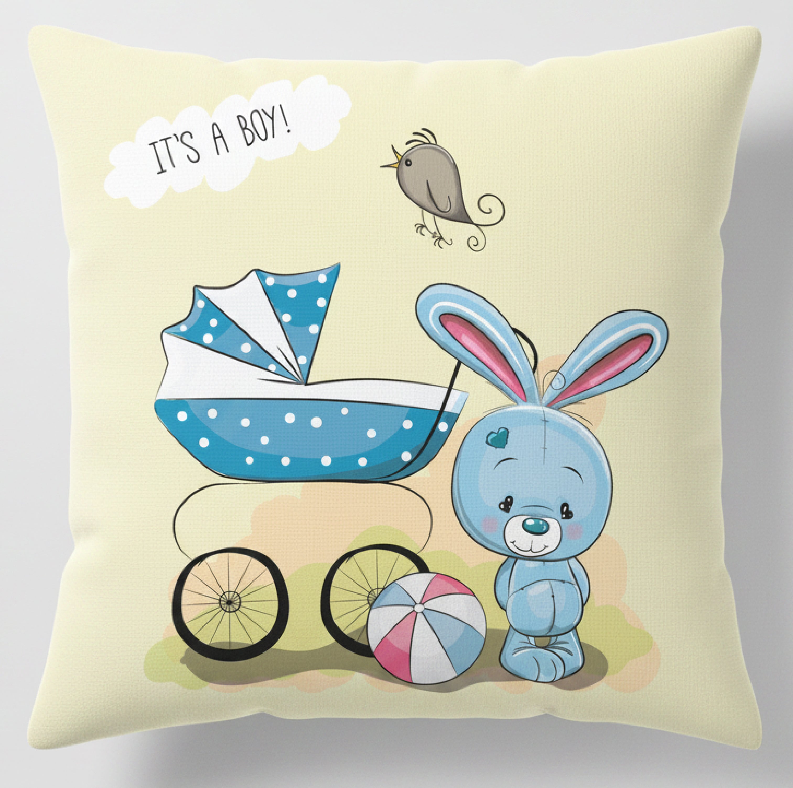 It's a Boy Cushion – Baby Shower Gift | Cute Bunny & Pram Design