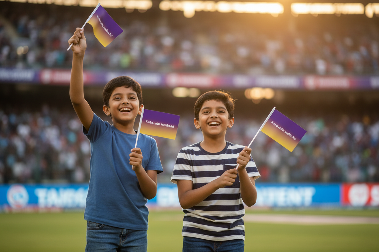 Korbo Lorbo Jeethbo Re !| Cheering Flag 9x6 in-|Purple & Gold Cricket Fan Flag