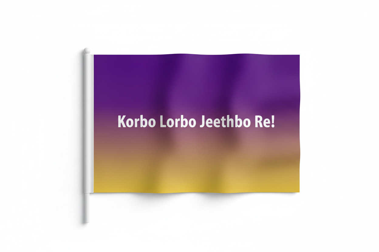 Korbo Lorbo Jeethbo Re! Hand Flag 1.5x1 ft –  | Purple & Gold Cricket Fan Flag