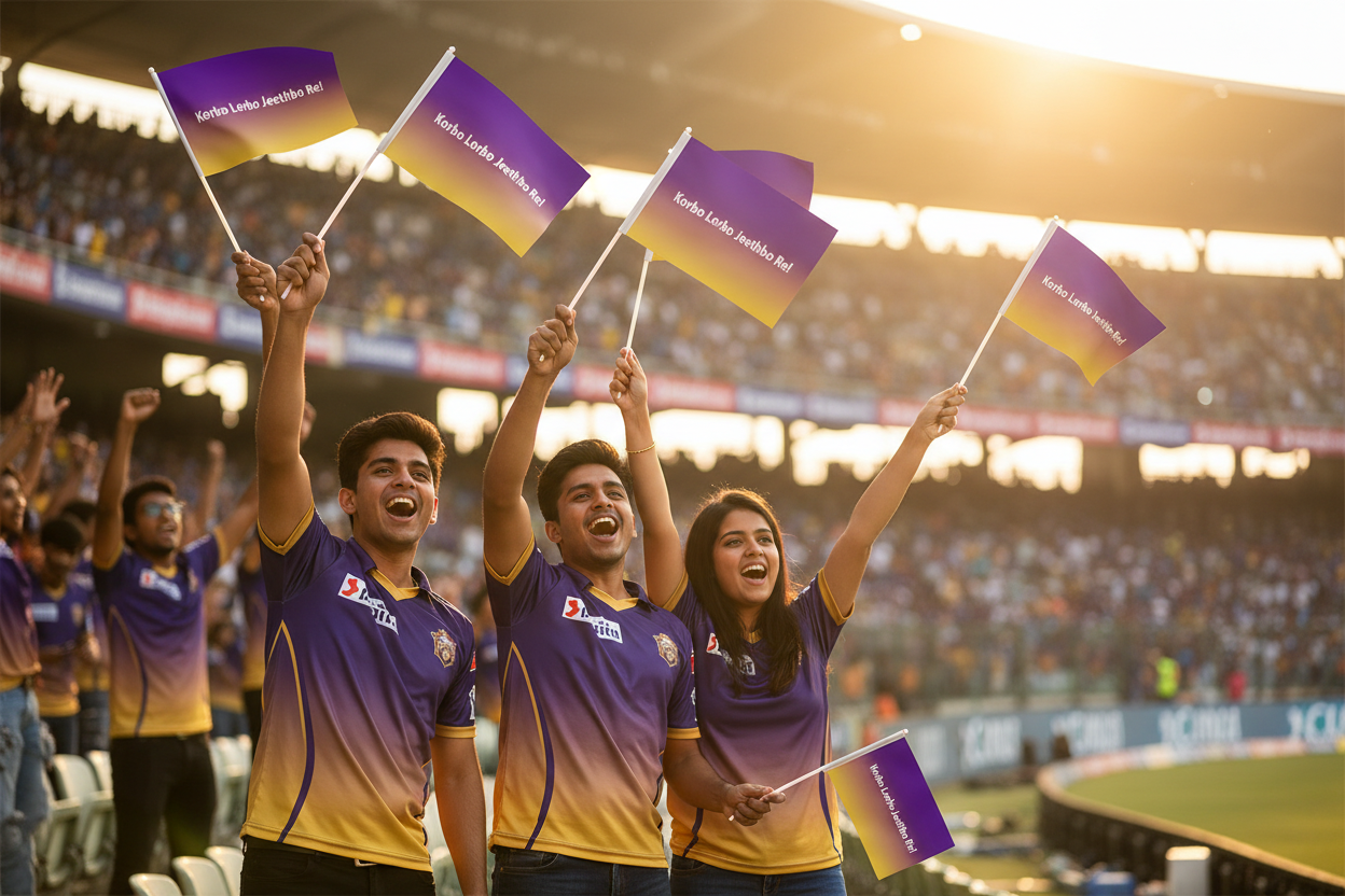 Korbo Lorbo Jeethbo Re! Hand Flag 1.5x1 ft –  | Purple & Gold Cricket Fan Flag