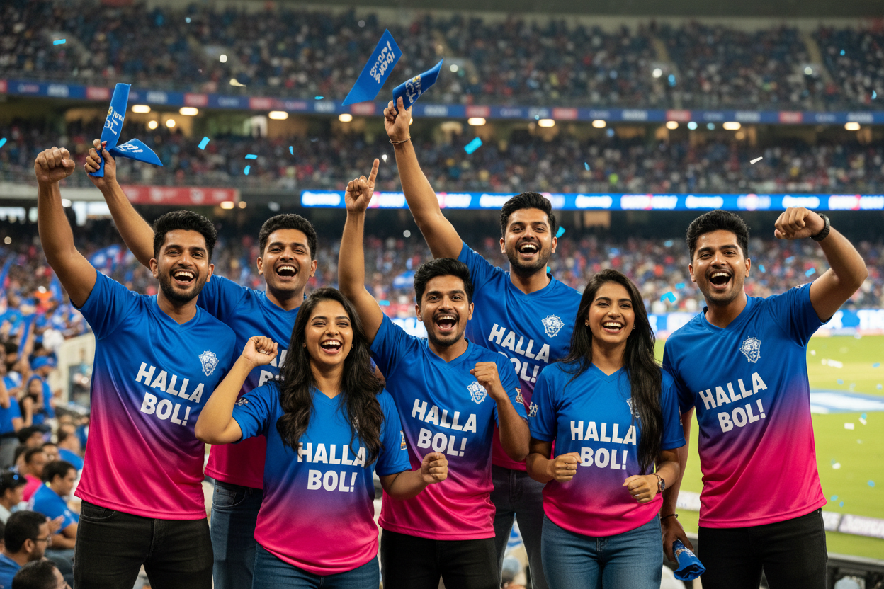 Halla Bol! Rajasthan Royals Cricket Fan T-Shirt – Blue Pink Gradient | Personalised