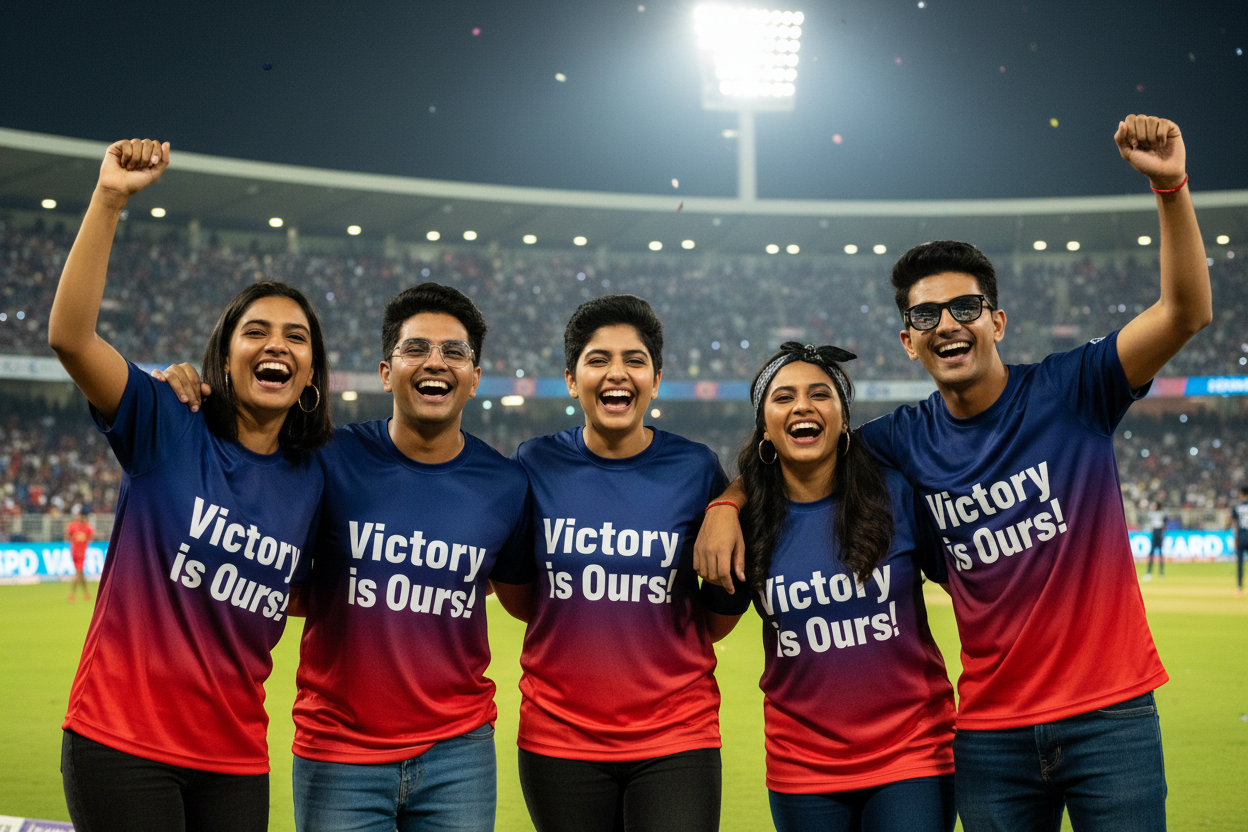 Victory is Ours! Cricket Fan T-Shirt – Navy Red Gradient | Personalised