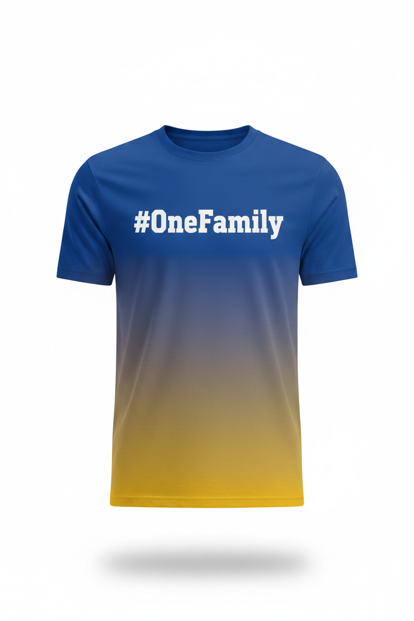 #OneFamily Cricket Fan T-Shirt – Blue Gold Gradient | Personalised