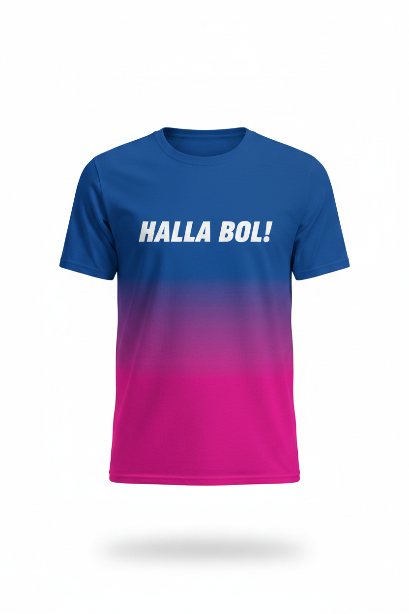 Halla Bol! Rajasthan Royals Cricket Fan T-Shirt – Blue Pink Gradient | Personalised
