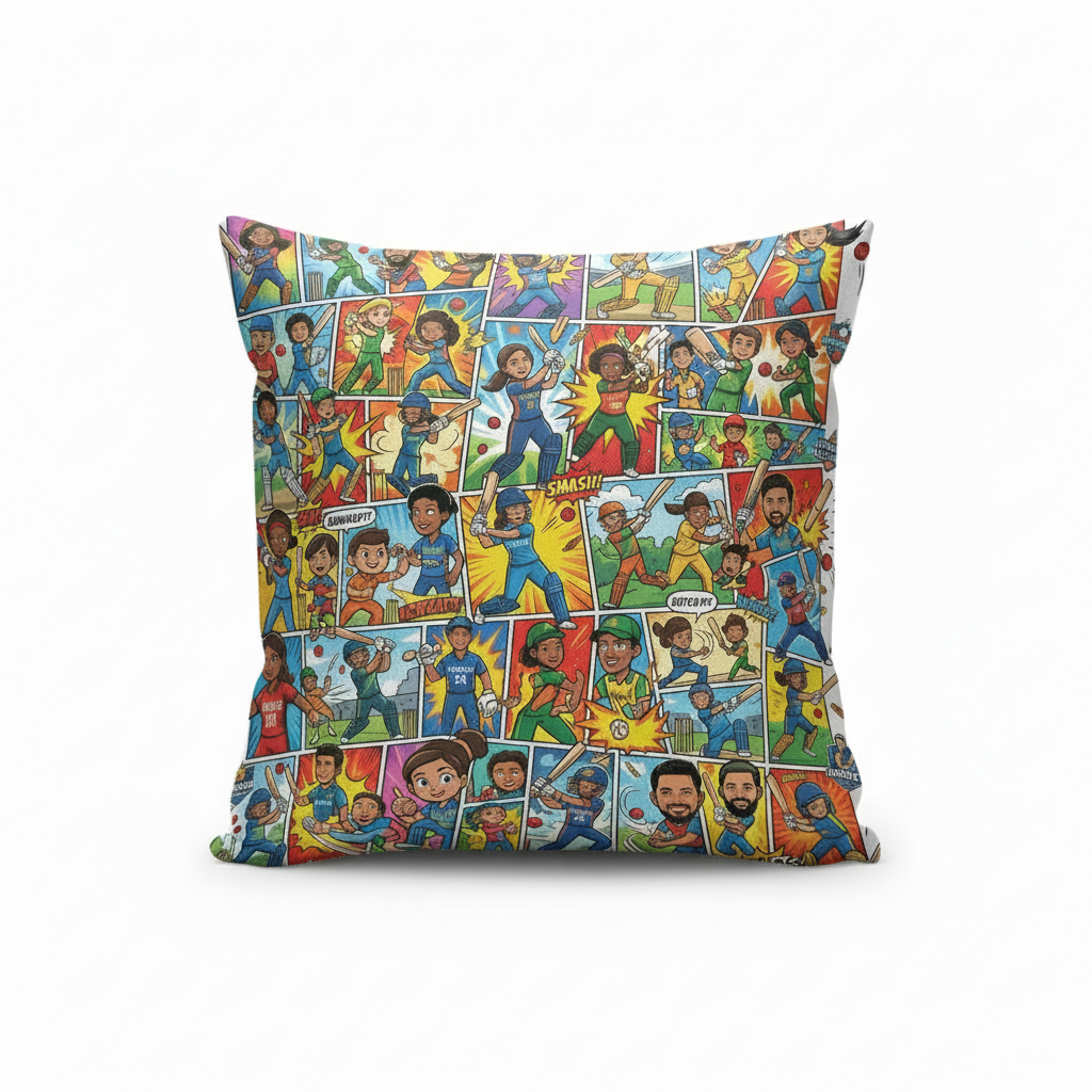 Cricket Comic Collage Square Cushion - Custom Print Satin With Filler