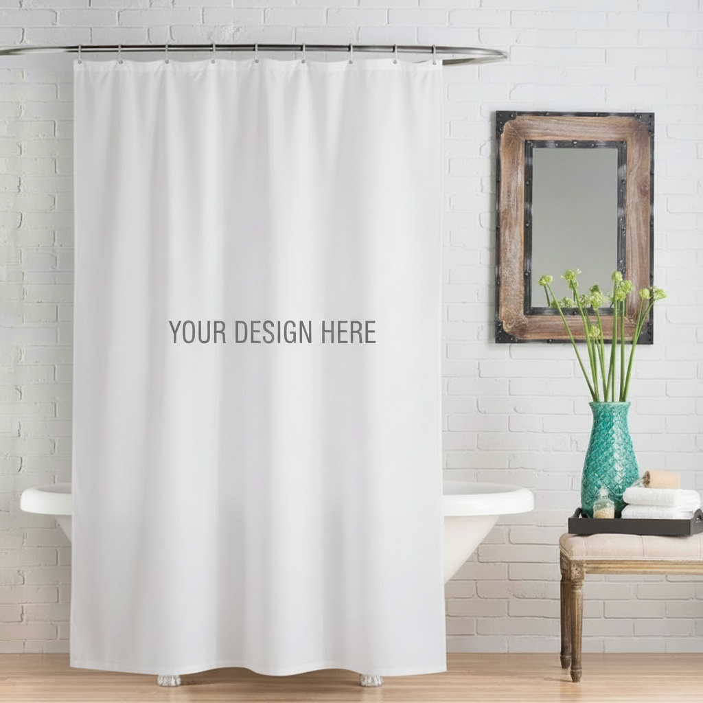 Plain white shower curtain with YOUR DESIGN HERE watermark centered in a bright modern bathroom