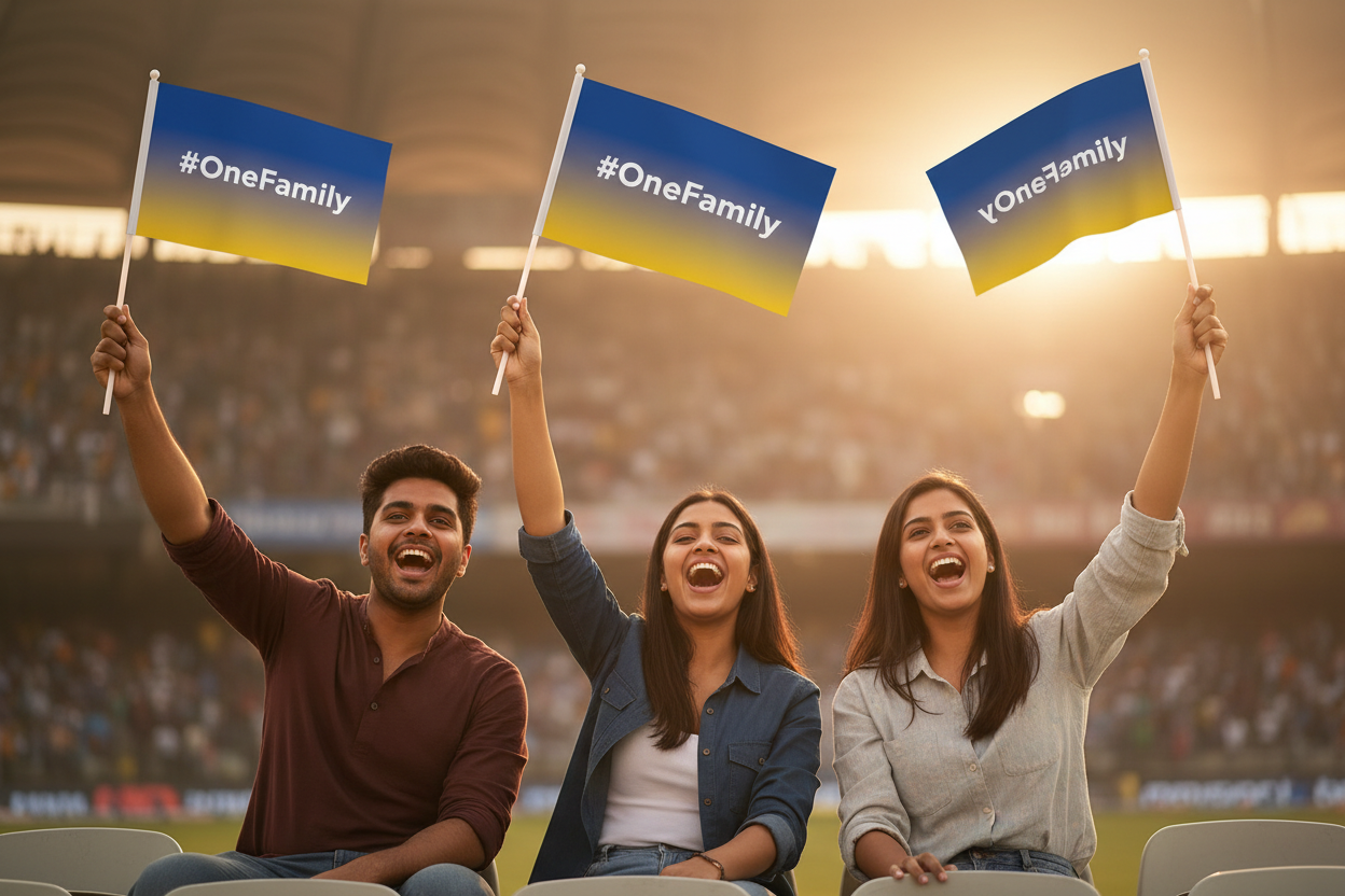#OneFamily Hand Flag 1.5x1 ft – | Blue & Gold Cricket Fan Flag