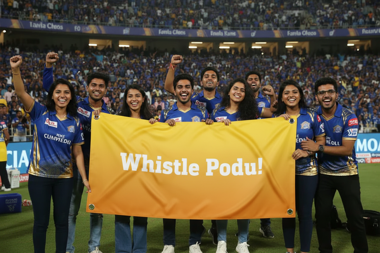 Whistle Podu! Large Cricket Fan Banner – Satin Finish | Personalised