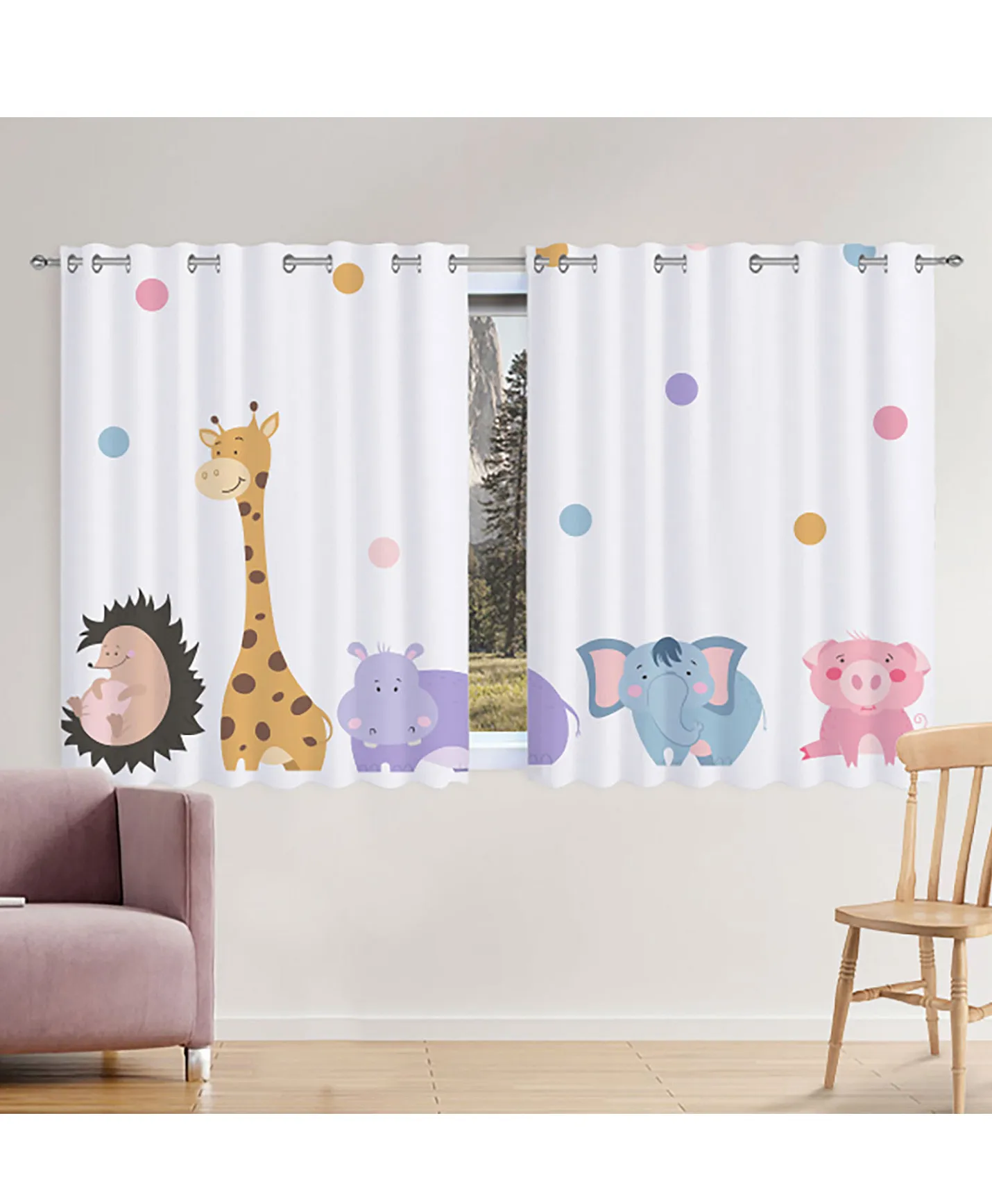 Kids Animal Window Curtain | Cute Safari Animals & Polka Dots | Children's Room Blackout Curtain