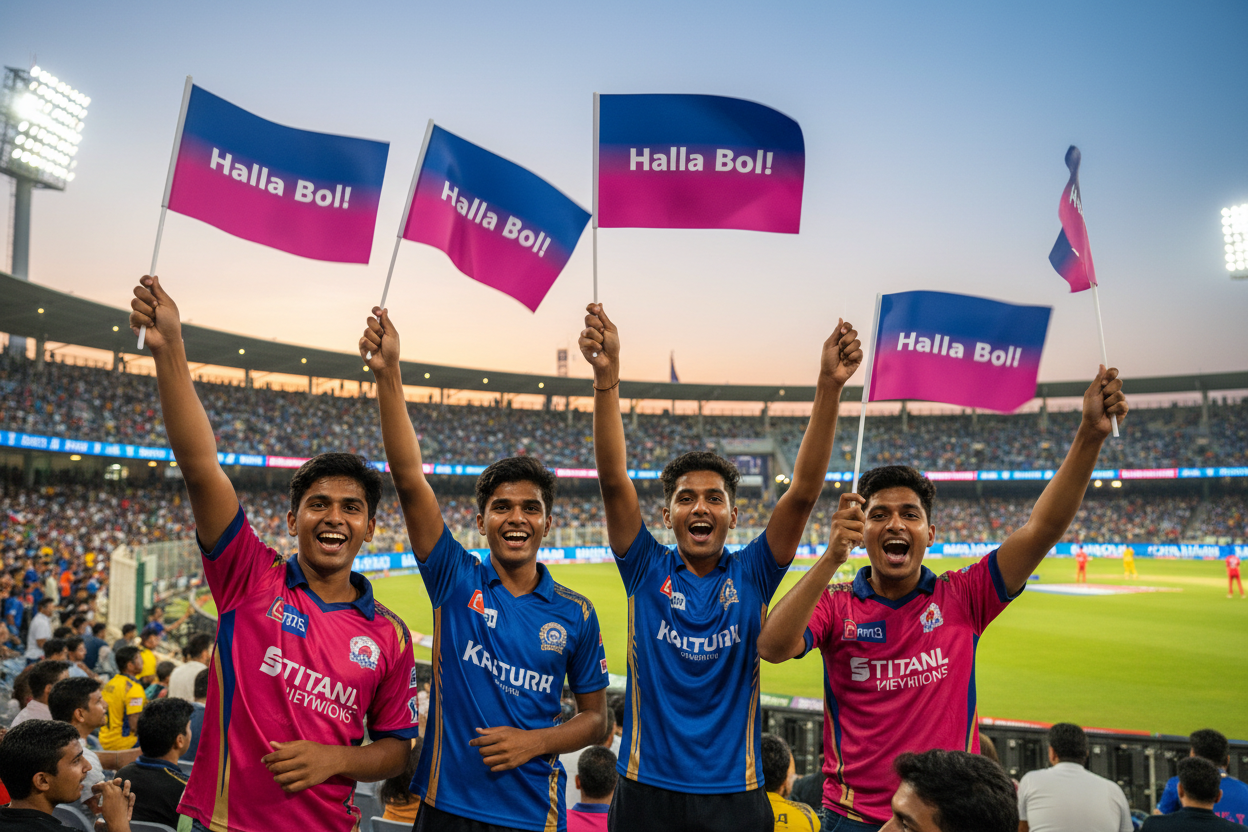 RR Hand Flag 1.5x1 ft – Halla Bol! | Blue & Pink Cricket Fan Flag