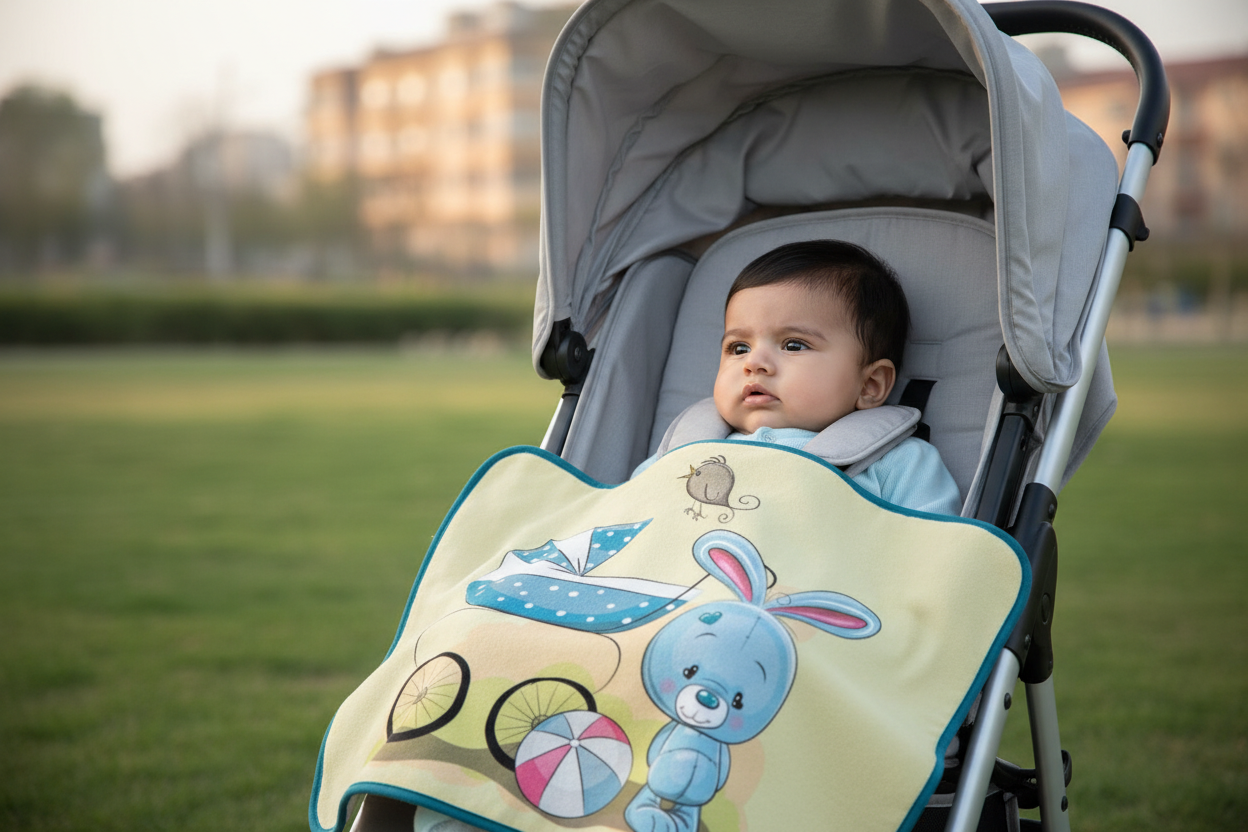 Indian child with bunny stroller blanket
