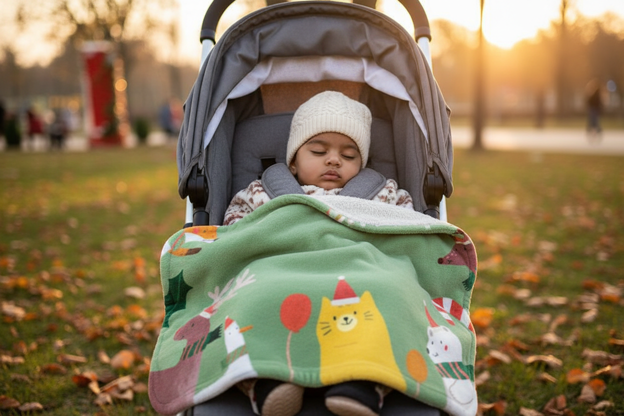 Indian child with Christmas animals stroller blanket