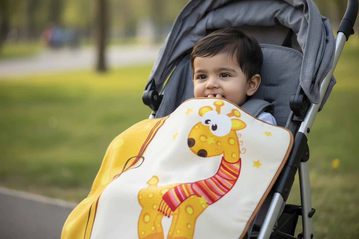 Indian child with giraffe stroller blanket