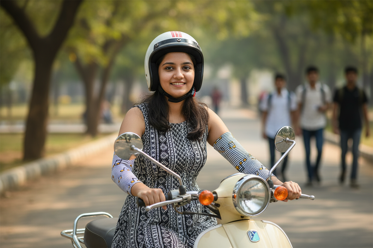 Indian college girl wearing musical note arm sleeves while riding scooter in matching dress