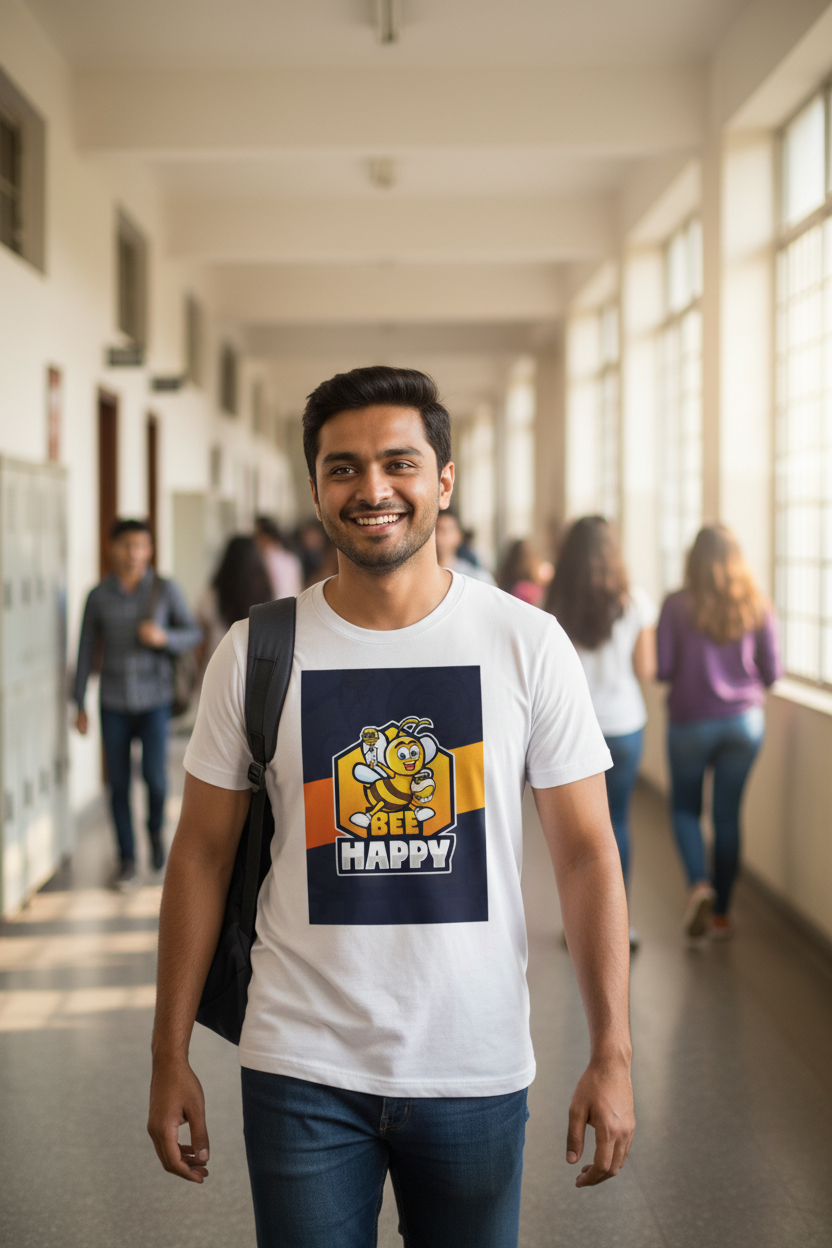 Indian college guy with BEE HAPPY t-shirt in corridor