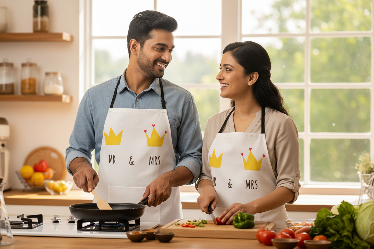 Indian couple wearing MR & MRS aprons with crowns
