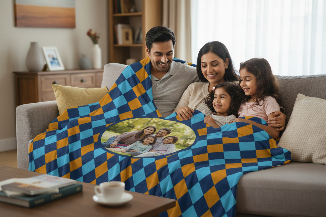 Indian family with personalized argyle photo blanket