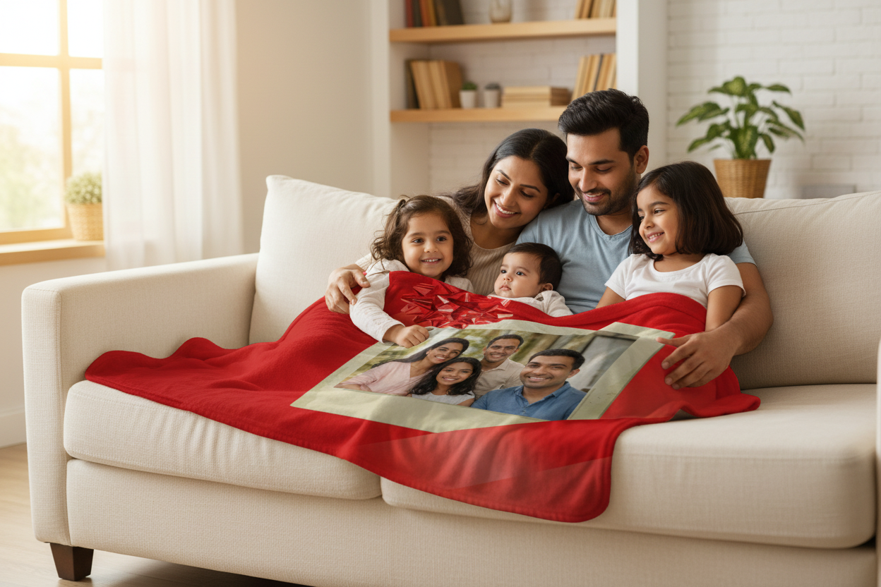 Indian family with personalized red photo blanket