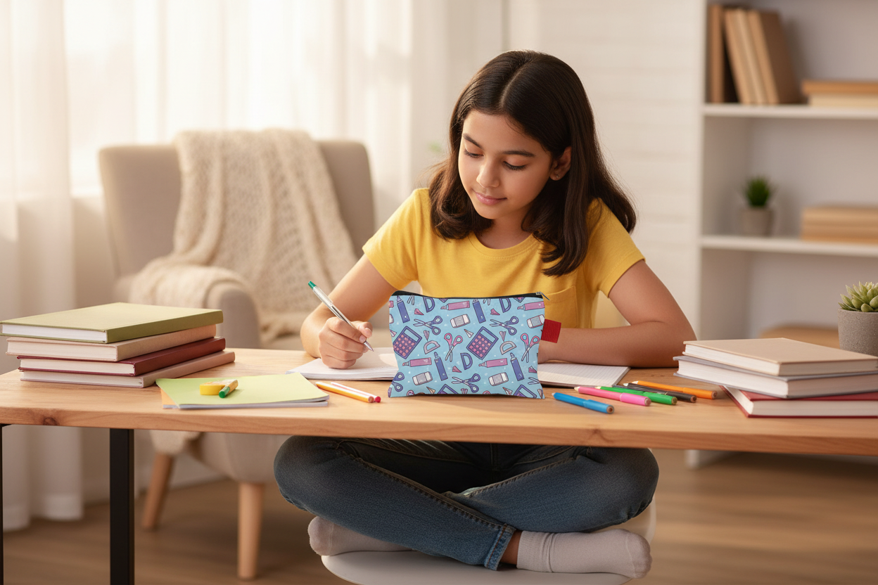 Indian Girl Studying at Home with School Supplies Pencil Pouch