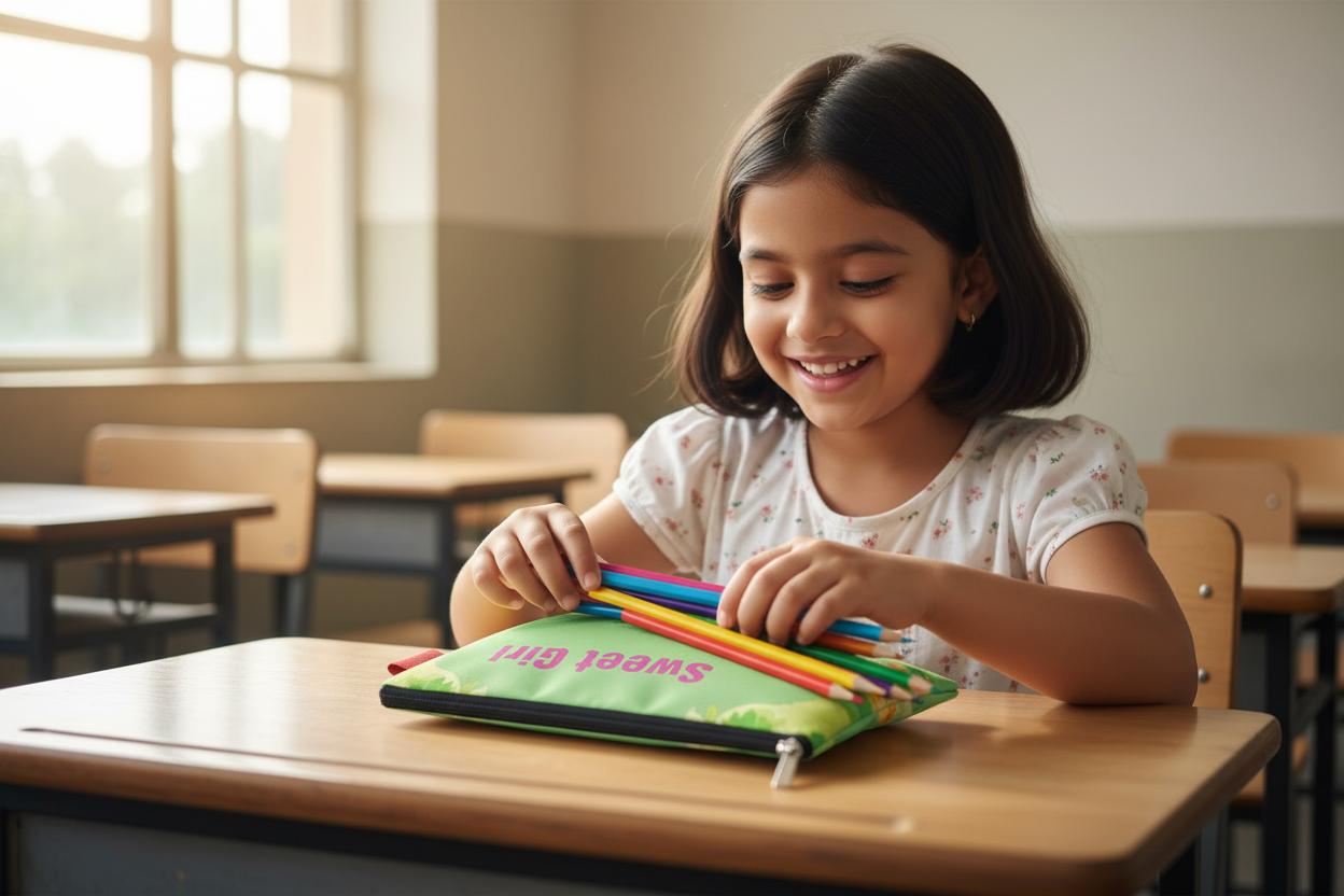 Indian girl taking pencils from pouch