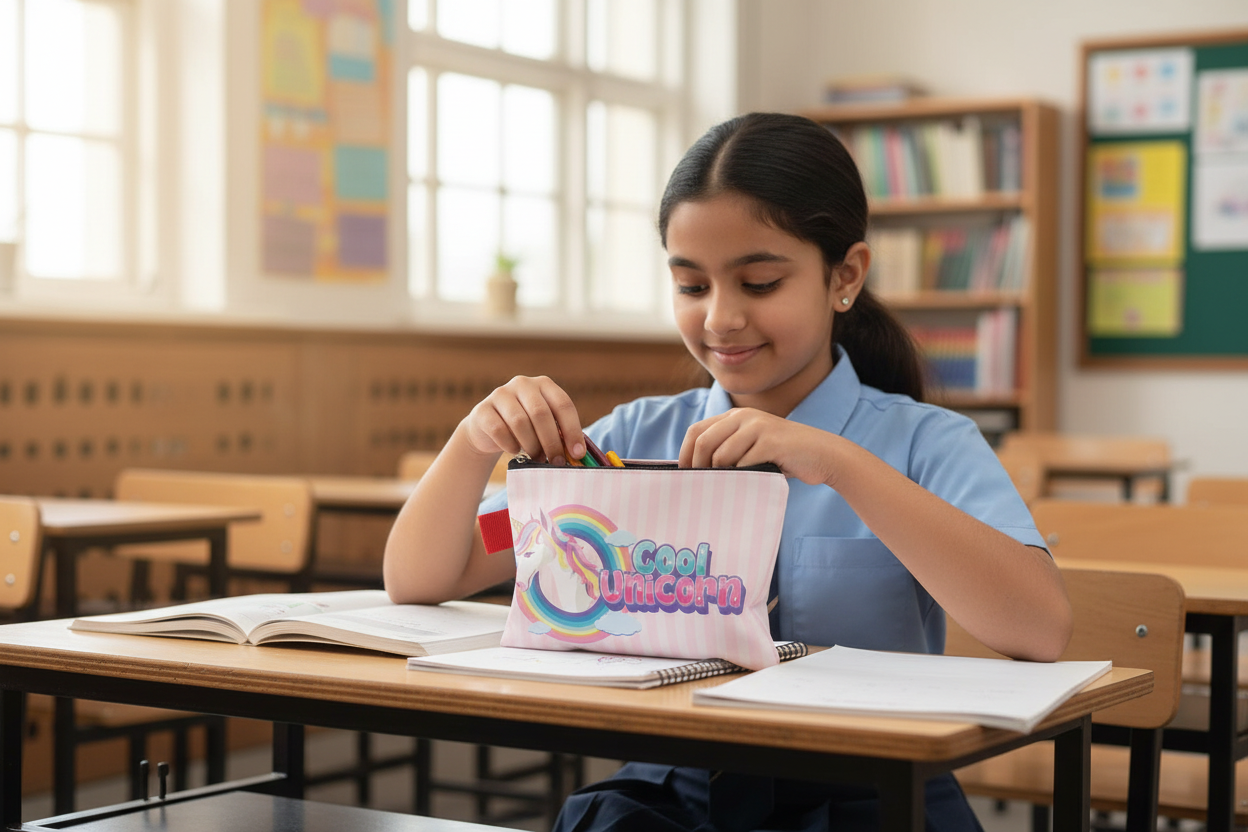 Indian Girl Using Cool Unicorn Pencil Pouch in Classroom