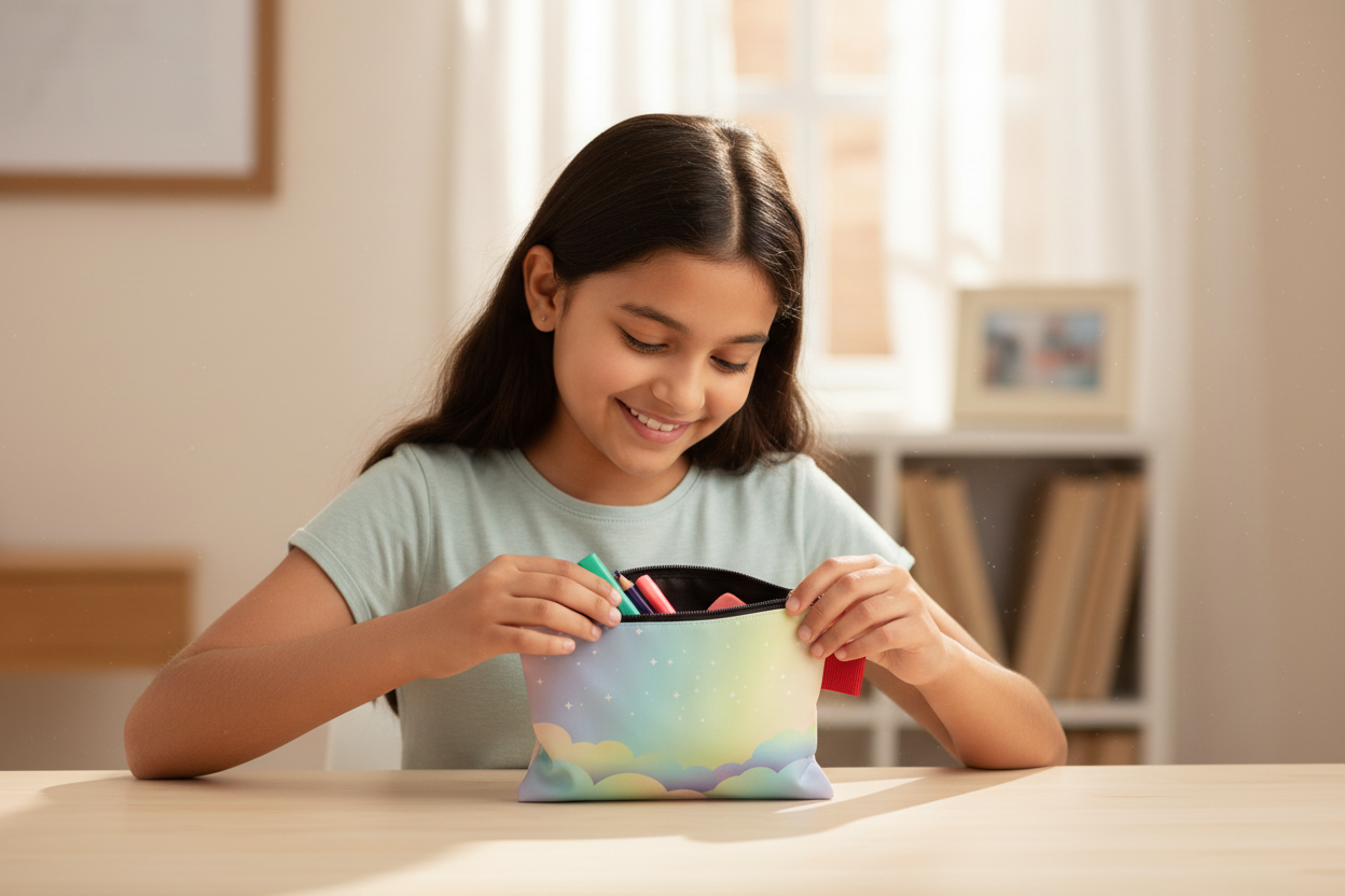 Indian Girl Using Pastel Rainbow Clouds Pencil Pouch