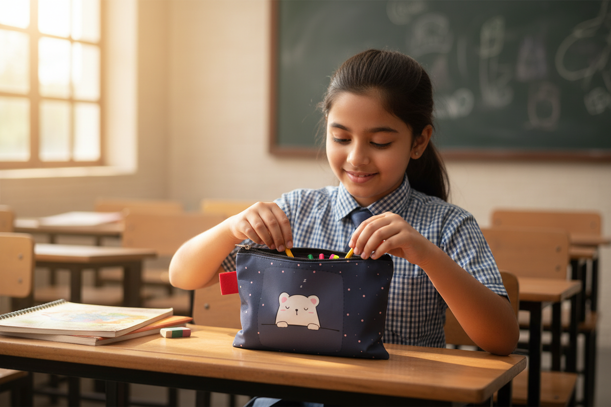 Indian Girl Using Sleeping Bear Pencil Pouch in Classroom