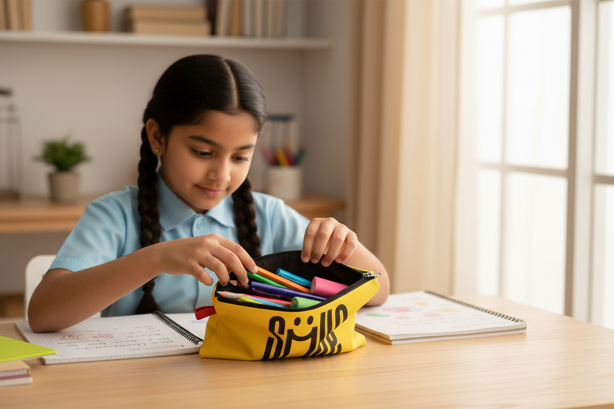 Indian Girl Using Yellow SMILE Pencil Pouch