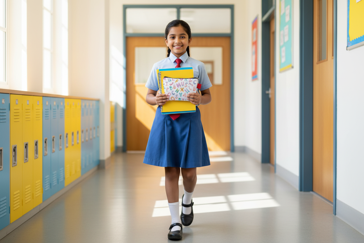 Indian Girl Walking School Corridor with Alphabet Pencil Pouch