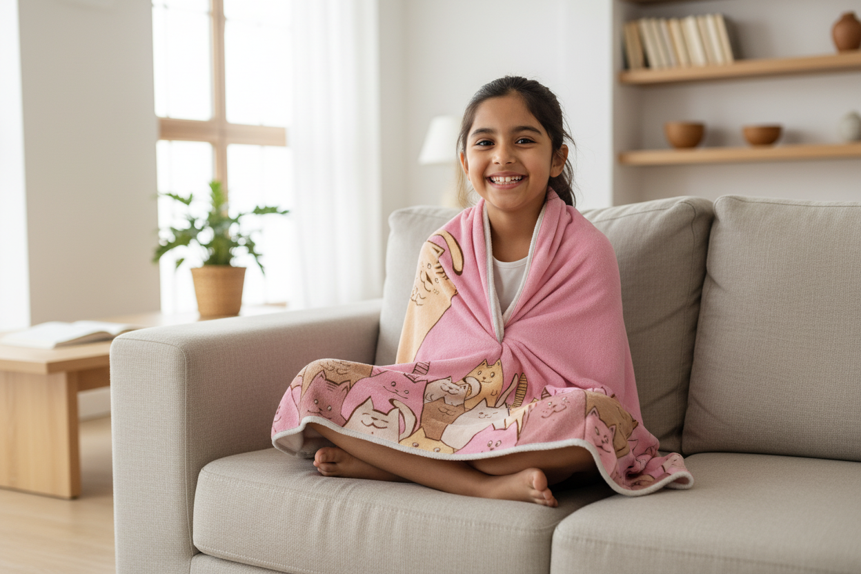 Indian girl with pink cat crowd blanket