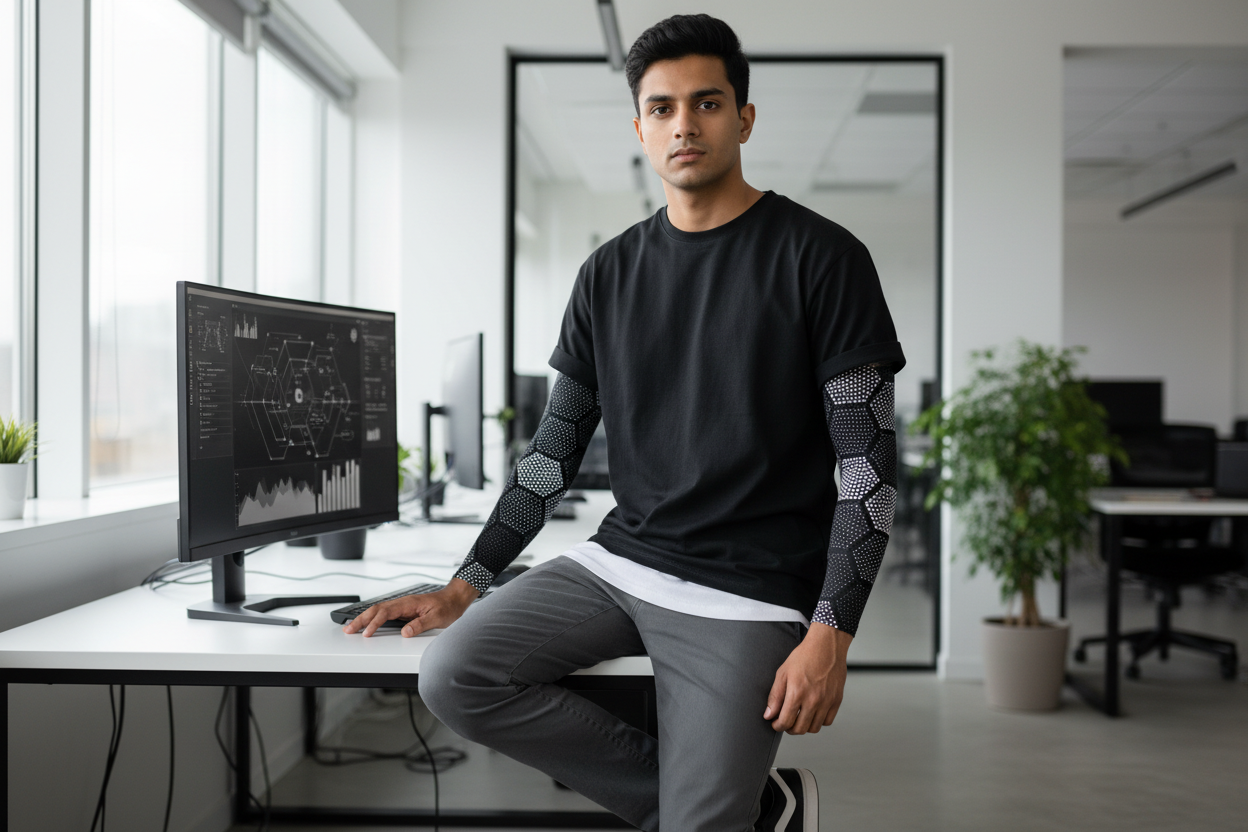 Indian person wearing black hexagonal dot pattern arm sleeves in appropriate outfit and setting