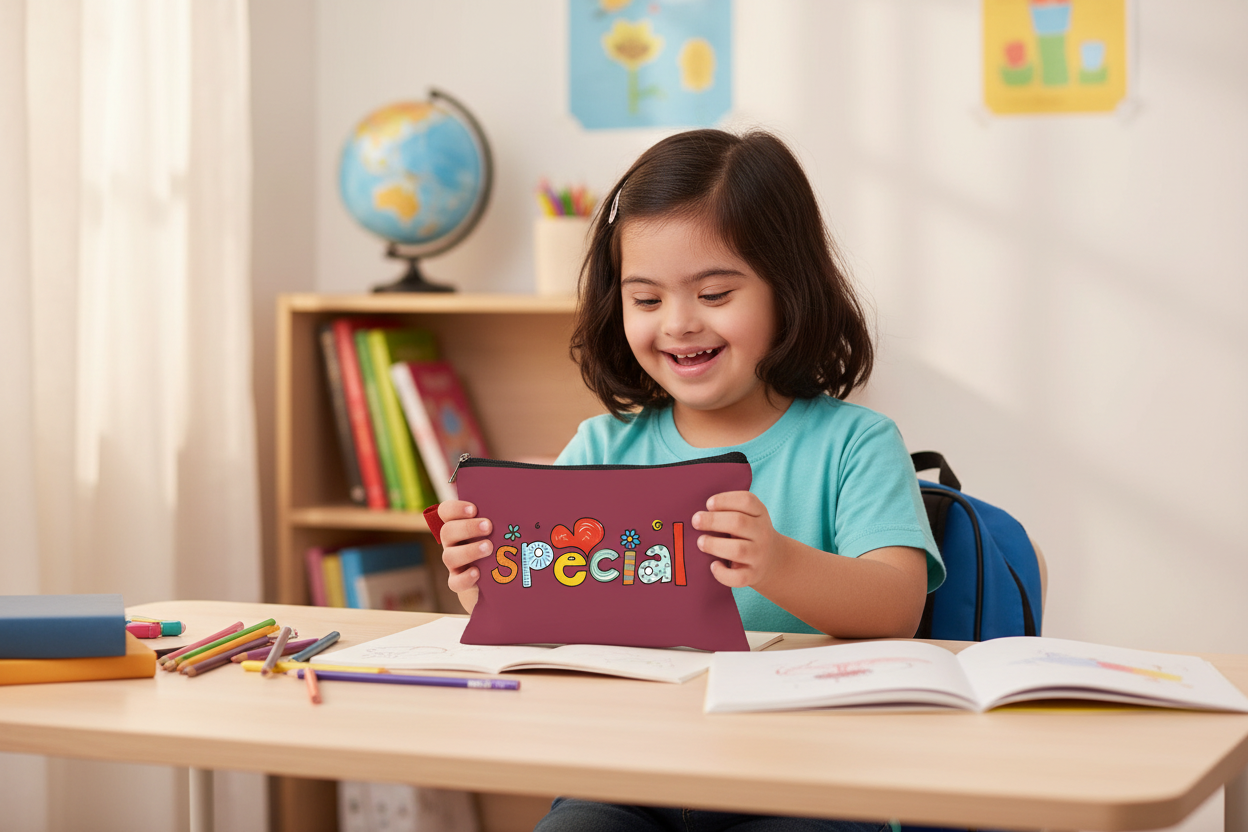 Indian Special Needs Child with Special Pencil Pouch