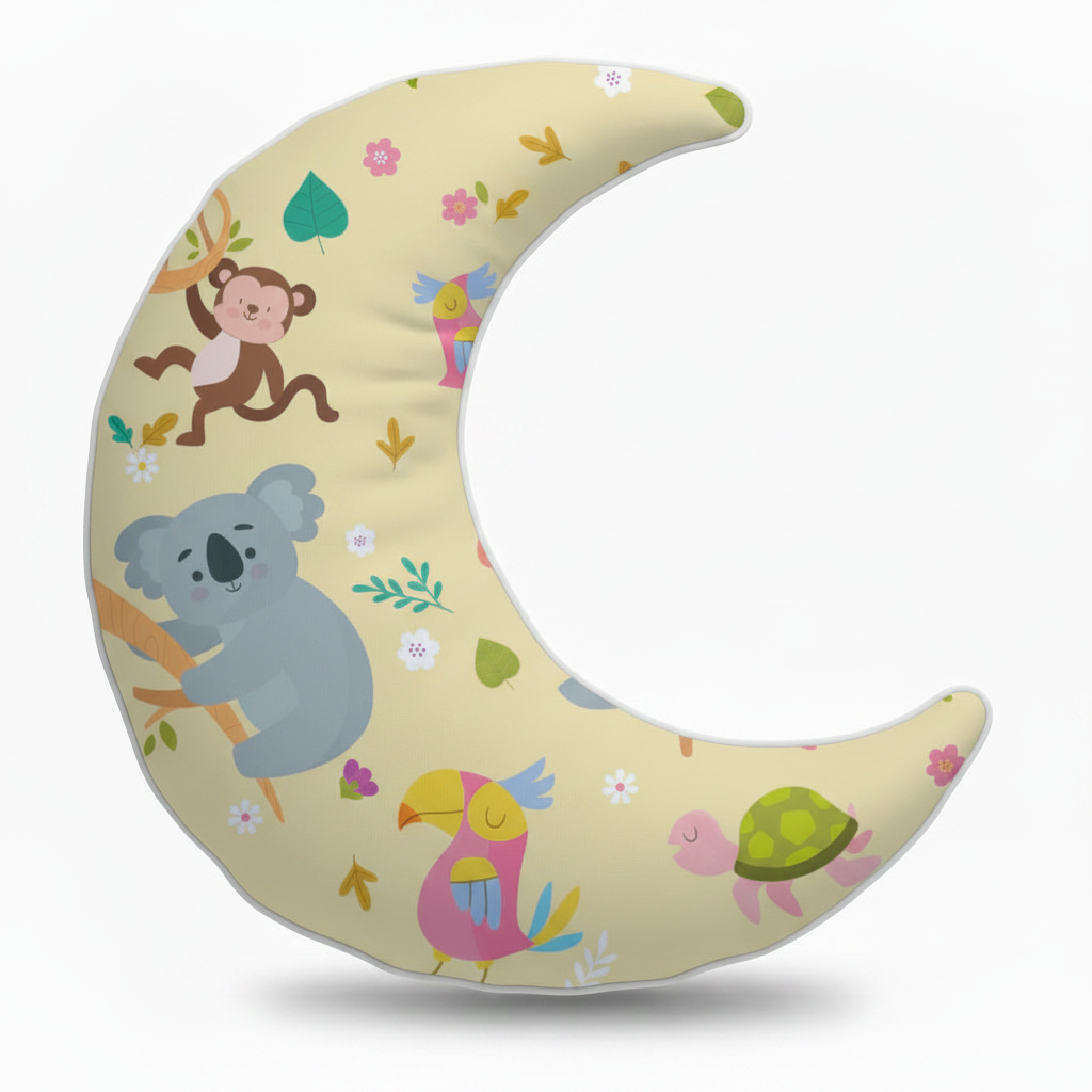 Moon Shaped Cushion - Jungle Animals Monkey Koala Toucan Turtle Sage Green Custom Printed Satin With Filler - front view