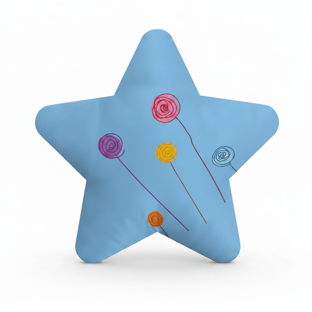 Personalised Star Shaped Cushion - Colourful Lollipops Sky Blue Custom Printed Satin With Filler - front view