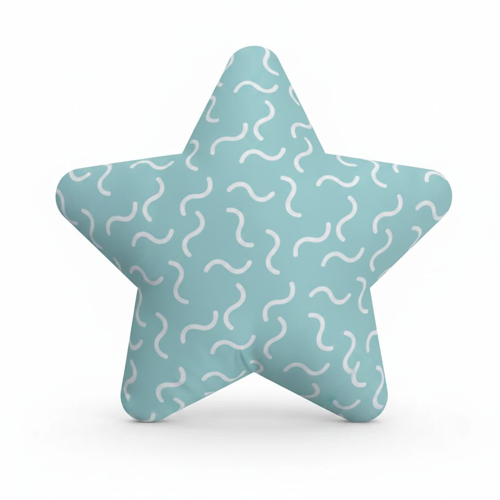Personalised Star Shaped Cushion - Mint Teal White Squiggles Custom Printed Satin With Filler - front view