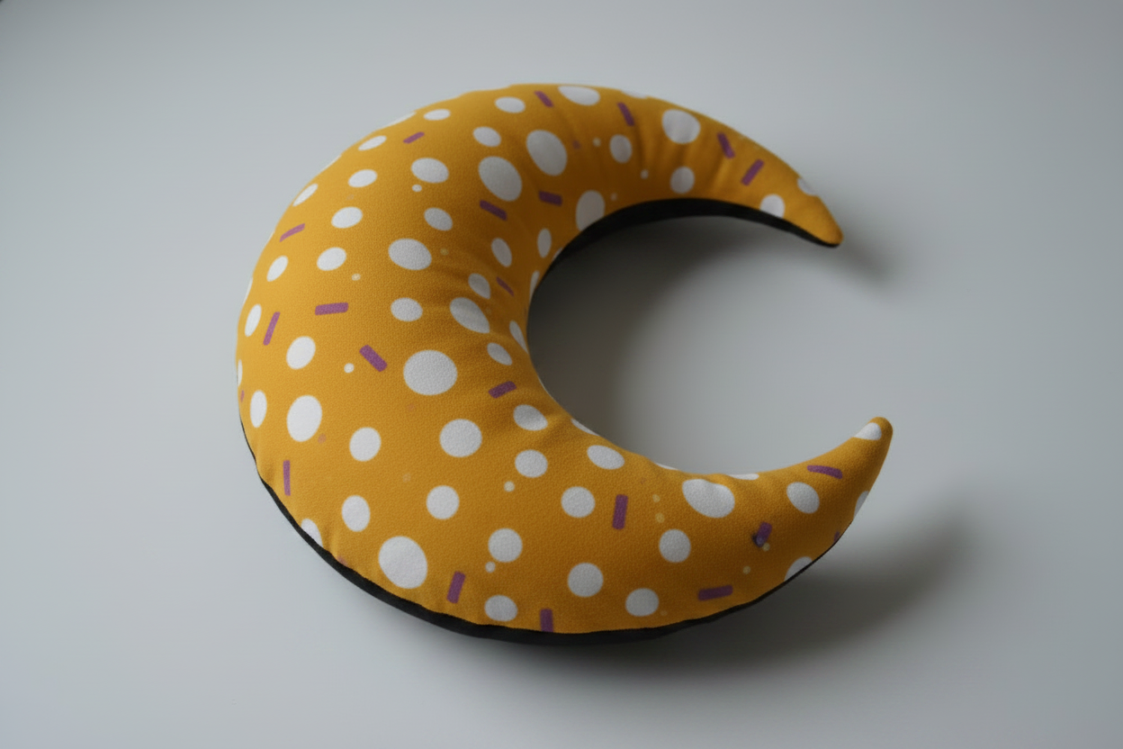 Moon Shaped Cushion - White Polka Dots Purple Sprinkles Golden Yellow Custom Printed Satin With Filler - front view