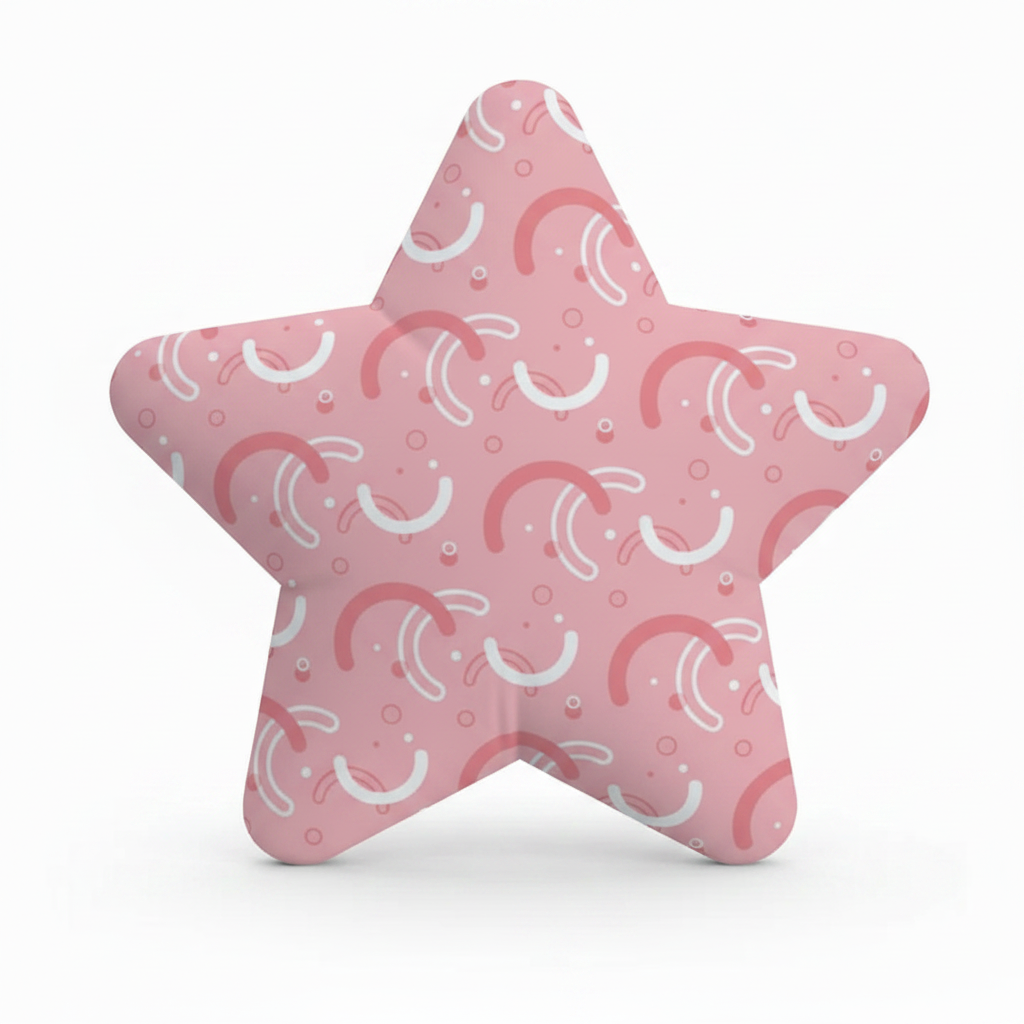 Personalised Star Shaped Cushion - Pastel Pink Rainbow Sparkle Custom Printed Satin With Filler - front view