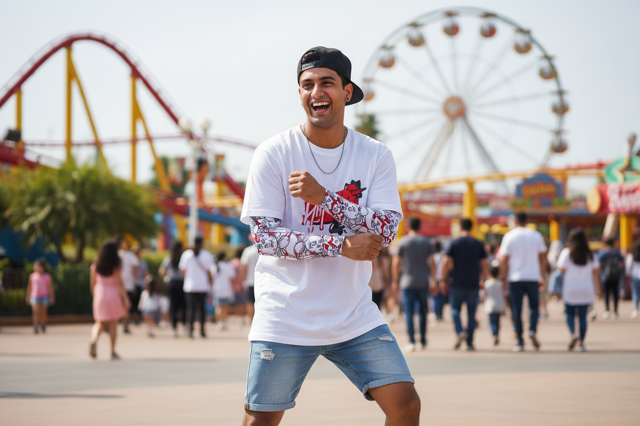 Person wearing white cartoon character arm sleeves in appropriate outfit and setting