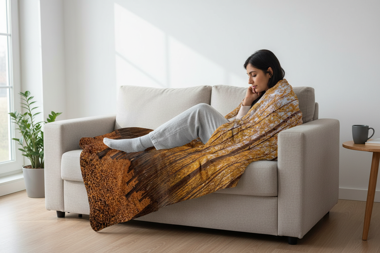 Person with autumn forest blanket