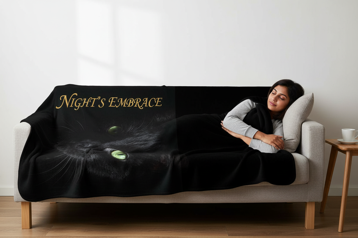 Person with personalized black cat blanket
